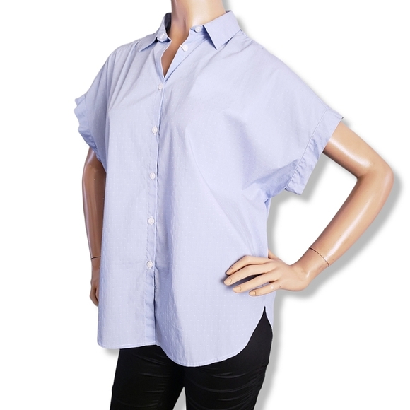 Soho Threads Blue Light Swiss Dot Button Down Blouse - Picture 5 of 9